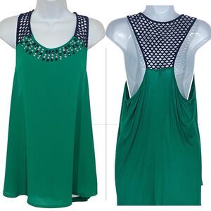 EXPRESS Green Halter BLING Top L Black MESH Tunic Rhinestones Flowy Party Date